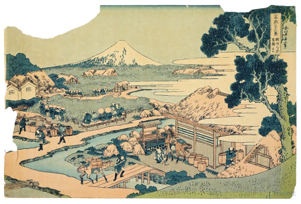 Hokusai  Katsushika - Il monte Fuji dai campi di thé di Katakura, stampa a colori,  cm 25,5,x37,  Giappone, entro cornice, (difetti).