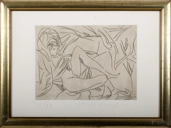 Pericle Fazzini (Grottammare 1913 - Roma 1987), Nudo di donna, litografia, esemplare n. 96/99, firmato a matita in basso a destra "Pericle Fazzini", cm 49,5x69,5, entro cornice