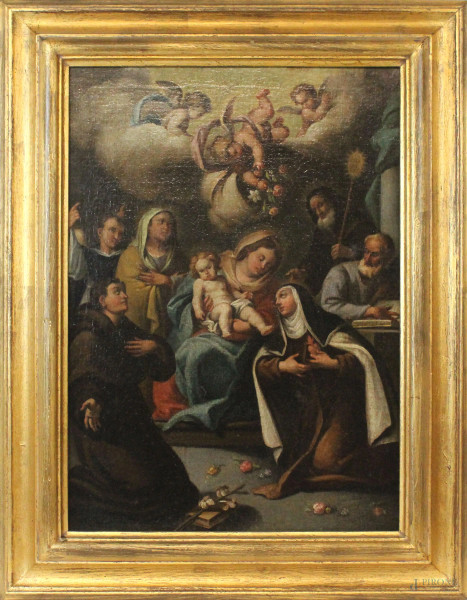 Sacra famiglia con angeli e santi, olio su tela, cm 51,5x37, XVIII secolo, entro cornice.