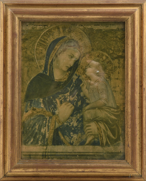 Cornice in legno dorato con stampa raffigurante Madonna col Bambino, XX secolo, ingombro cm 34x28, luce cm 25,5x19,5, (segni di usura)
