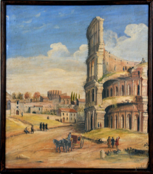 Pittore del XVIII secolo, Scorcio del Colosseo, acquarello su pergamena, cm 31,5x27,5, entro cornice