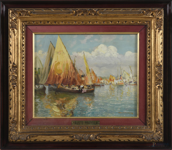 Fausto Pratella (1888-1964), Barche in laguna, XX secolo, olio su cartone, cm 24x30, firmato in basso a destra, entro cornice