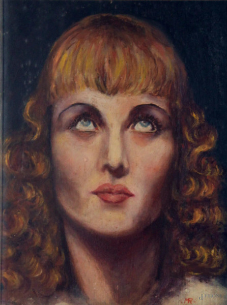 Volto di donna, olio su legno, 19x24 cm, entro cornice, anni 30