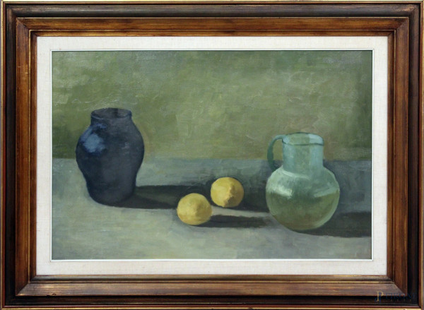 Sergio Bonfantini, vasi e limoni, olio su tavola, 50x75 cm, entro cornice, (dipinto anche a tergo).