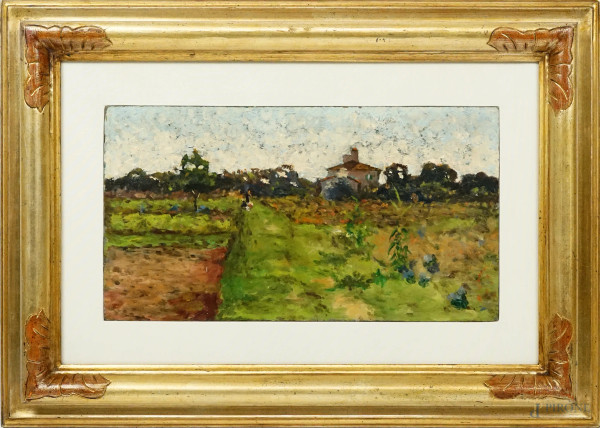 Paesaggio toscano con villa , olio su cartone, cm 20x37,5, recante iscrizione a tergo Angiolo Tommasi, entro cornice.
