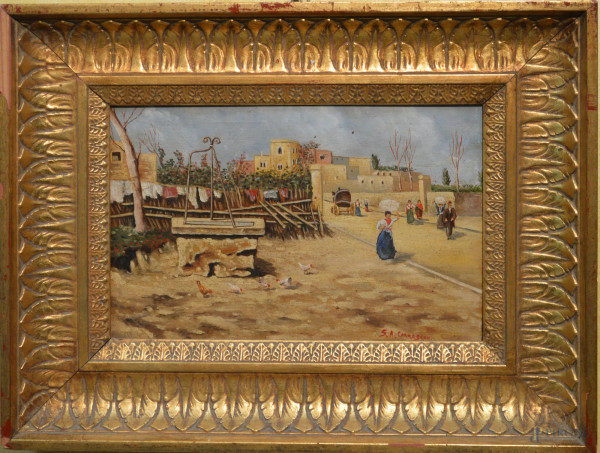 Paesaggio con figure su sfondo paese, olio su tavola 30x20 cm, entro cornice firmato.