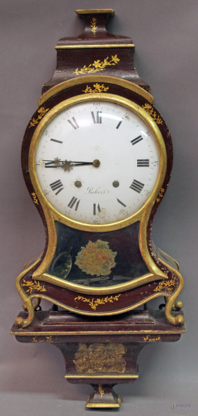 Orologio in legno laccato e dipinto , Francia XIX sec., con base h. cm 72.