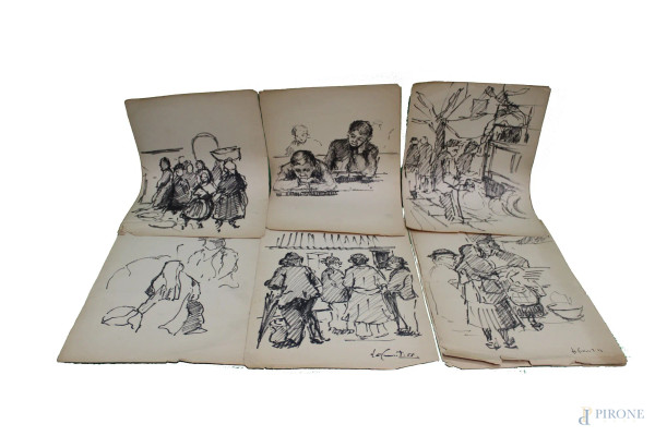 Lotto di undici disegni a pennarello su carta a soggetti di vita quotidiana, 35x25 cm, firmato e datato