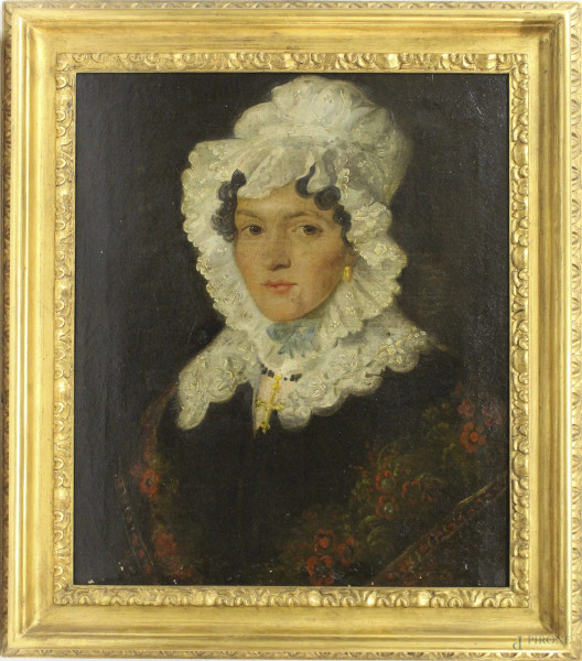 Ritratto di donna, dipinto ad olio su tela, XIX sec., cm 58 x 49, entro cornice.