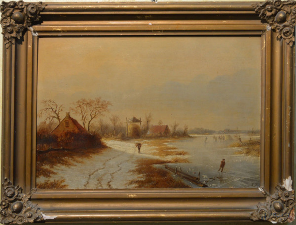 Paesaggio invernale con figure, dipinto dell’800 ad olio su tavola 54x37 cm, entro cornice, (difetti alla cornice).