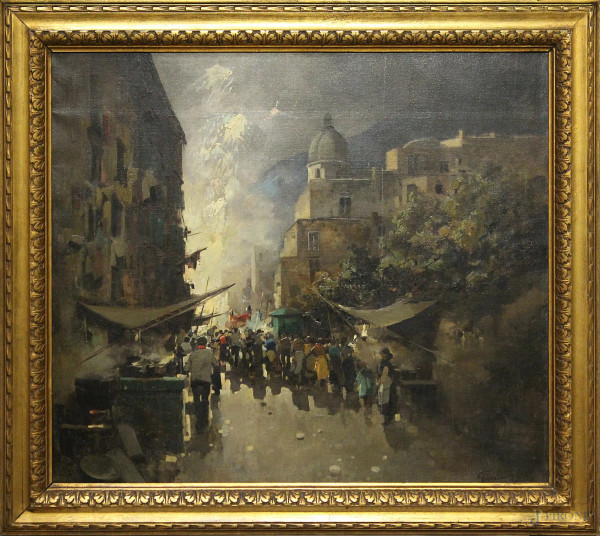 La processione, olio su tela 90x120 cm, entro cornice firmato Felice Giordano.