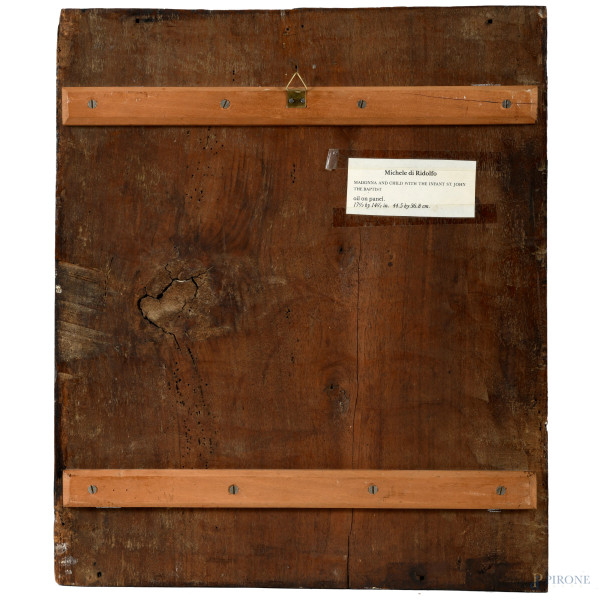 Madonna con Bambino e San Giovannino, olio su tavola, cm 44,5x37, XIX-XX secolo secolo (craqueler...