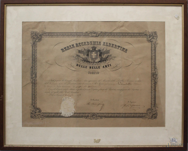 Certificato dell'800 a favore di Vanvitelli dalla Reale Accademia Albertina delle Belle Arti, 50x40 cm entro cornice