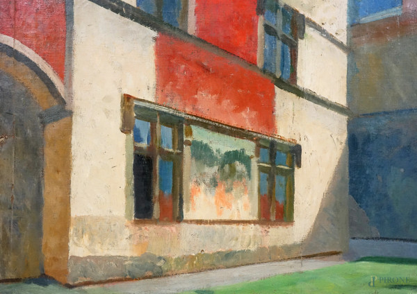 Scorcio di cortile, olio su tela, XX secolo, cm 45x60,5 (difetti)