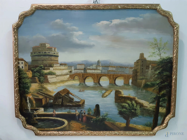 Paesaggio fluviale, dipinto ad olio su tavola 85x67 cm con cornice sagomata.
