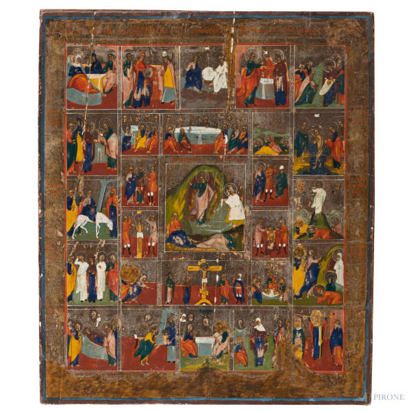 Icona raffigurante Scene di Vita di Cristo, XIX-XX secolo, tempera su tavola, cm 43x36,5, (segni di usura, cadute di colore, difetti)