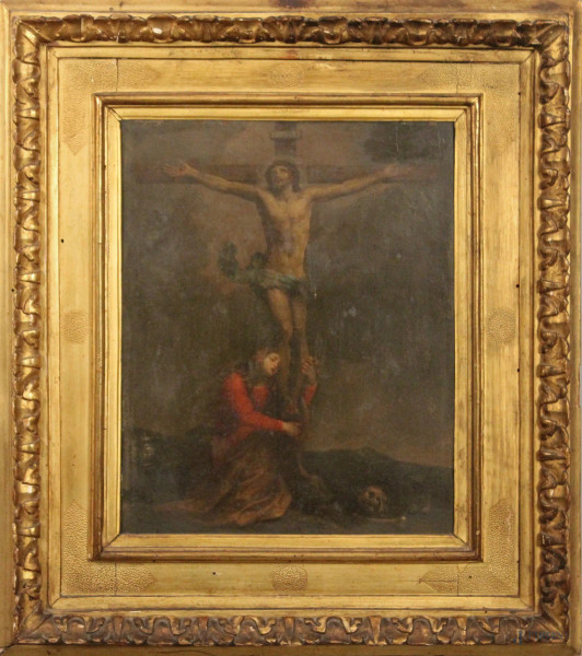 Crocefissione con la Maddalena, Scuola francese del XVII /XVIII sec, ad olio su rame, cm 31x25, entro cornice