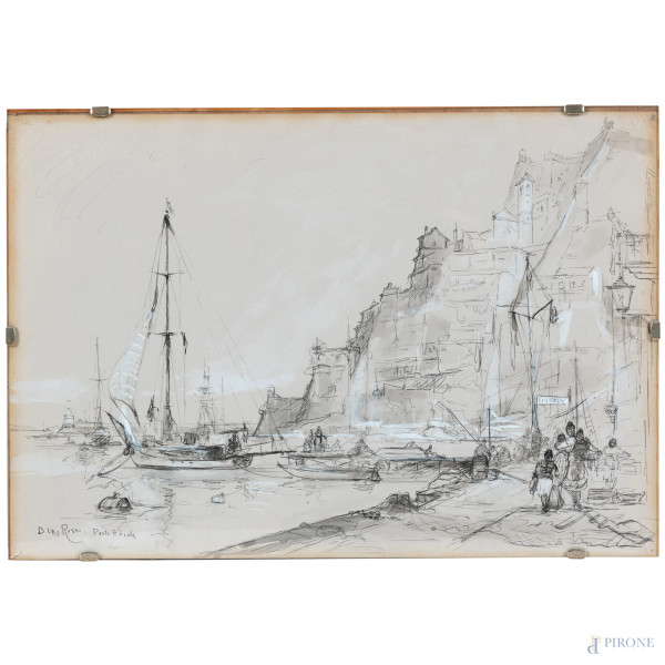 Lotto di due disegni a tecnica mista di Dino Rossi (1904 - 1982) raffiguranti porto Ercole, cm 33...