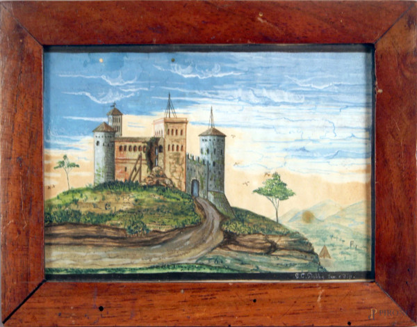 Paesaggio con castello, acquarello su carta, cm. 10x13,5, firmato, entro cornice.