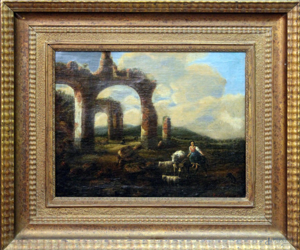 Scorcio di paesaggio con rovine e pastorella, olio su tela, cm 38x47, entro cornice.
