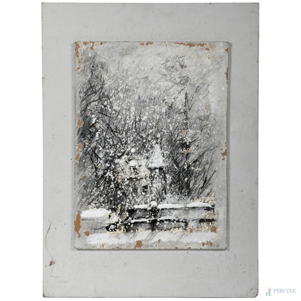 Paesaggio innevato, XX secolo, tecnica mista su masonite, applicata su cartone, cm 46,5x34cm
