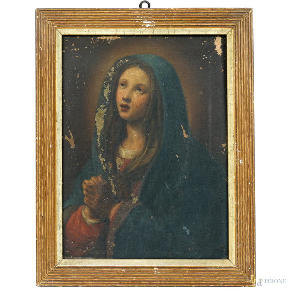 Pittore toscano d'inizio XVIII secolo, Madonna orante, olio su rame, cm 27,7x21, entro cornice, (cadute di colore)