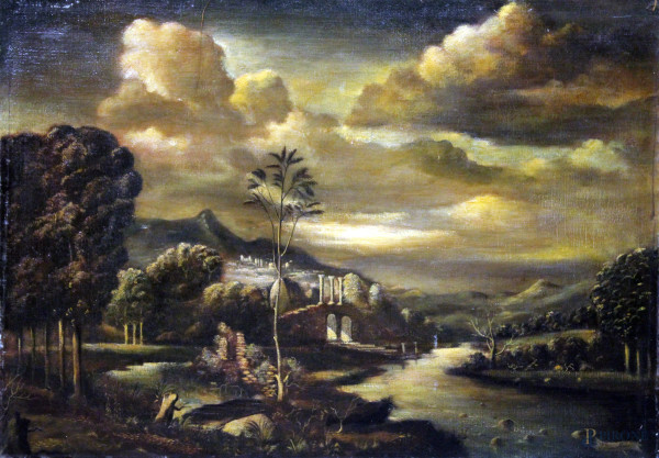 Paesaggio con rovine e fiume, olio su tela, cm 106x76.