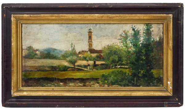 Scorcio campestre con campanile, olio su tavoletta, cm 14,5x30,5, firmato Calderini, entro cornice.