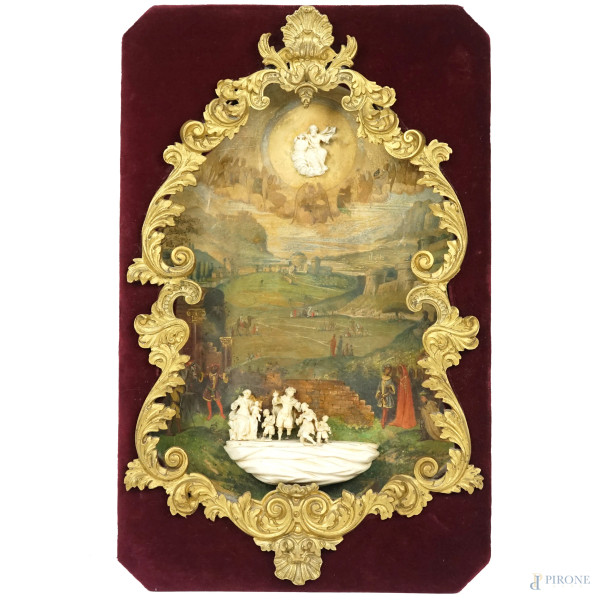 Adorazione dei Magi, pannello dipinto ad olio con applicato gruppo scultoreo finemente intagliato, firmato e datato Auguste Ledoux, misure ingombro cm 37,5x24, entro cornice