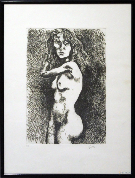 Renato Guttuso - Nudo di donna, prova d&#39;autore, cm. 70x50, entro cornice.