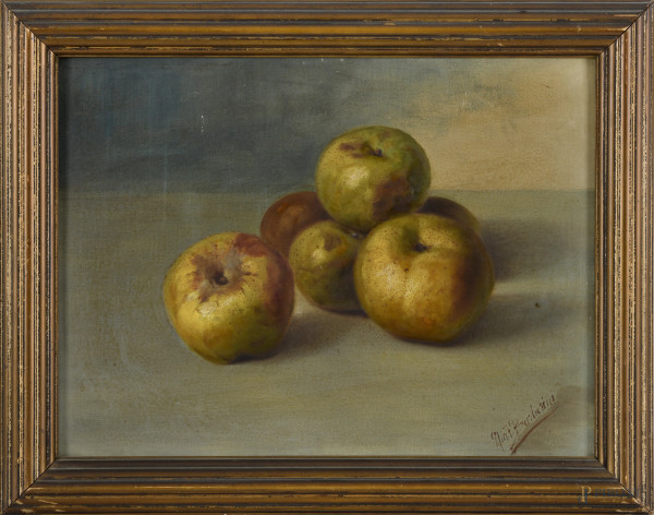 Mele, XX secolo, olio su tela applicata su cartone, cm 38x50, firmato in basso a destra, entro cornice