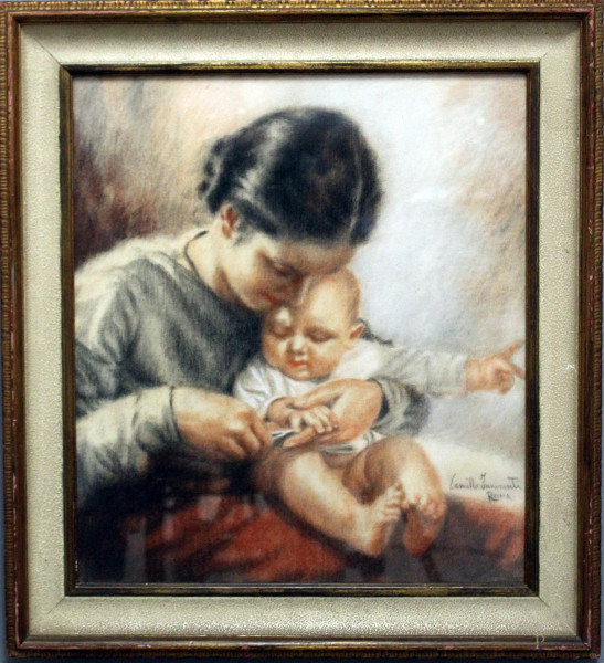 Maternit&#224;, tecnica mista su tela cm. 45x40, recante firma Camillo Innocenti, entro cornice.