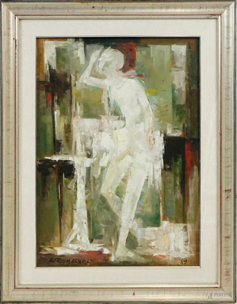 Interno con figura, olio su tela, cm 70x50, firmato Alfredo Romagnoli, entro cornice