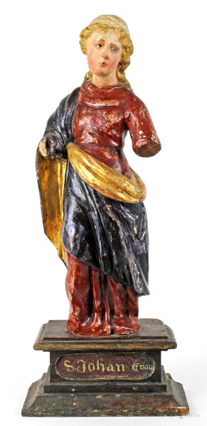 San Giovanni Evangelista, scultura in legno policromo, altezza cm 41, Nord-Europa, XVIII-XIX secolo, (difetti e mancanze)