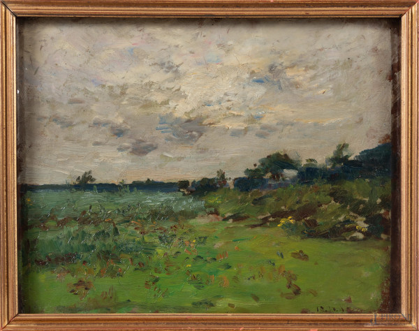 Pascolo e paesaggio campestre (recto e verso), olio su tavoletta, cm 27x34, siglato e datato, entro cornice, (segni di usura, cadute di colore, lacune)