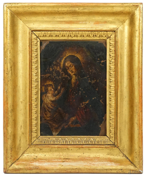 Pittore del XVII secolo, Madonna con Bambino, olio su rame, cm 23,5x17,5, entro cornice, (difetti, cadute di colore).