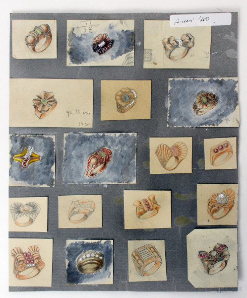 Disegni definitivi da collezione privata, realizzati dal maestro d&#39;arte Giulio Zancolla, disegnatore e costruttore di gioielleria presso Bulgari dal 1930/1950. Tavola composta da 18 disegni raffiguranti anelli, misure foglio cm. 26x21