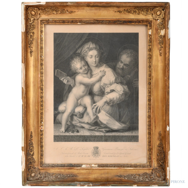 Incisione raffigurante Madonna con Bambino, cm 56,5x42, entro cornice, (diffuse tracce d umidità, foxing e gore)