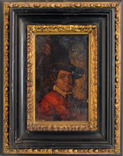 Ritratto d&#39;uomo con pipa, olio su tavola, cm 24x15, XIX sec., entro cornice.
