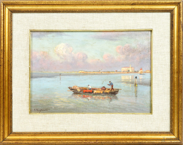 Laguna veneta con pescatori, olio su tela riportata su cartone, firmato, cm 24,5x35.5, entro cornice