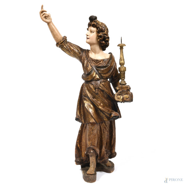 Scultura in legno dorato e dipinto raffigurante angelo portacero, XVIII-XIX secolo, altezza cm 126, (segni di usura, scalfiture, cadute di doratura, restauri)