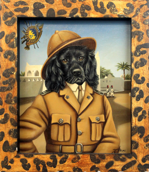 Ritratto di cane in divisa, olio su tela, cm 29,5x25, firmato Joyce Grams 2007, entro cornice.