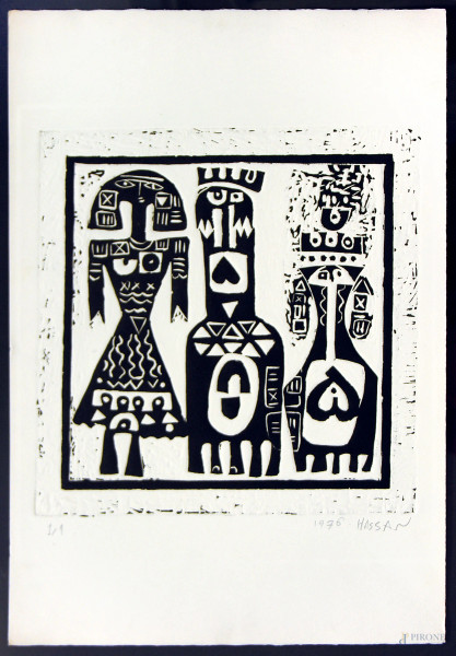 Hassan, Figure, 1976, linoincisione calcografica su carta, esemplare unico 1/1, cm 50x35, firma titolo, numerazione e data, eccellenti condizioni di conservazione