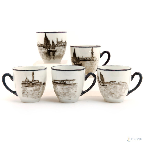 Servizio di 12 tazzine e 12 piattini in porcellana dipinta a mano con scorci e vedute di Venezia ...