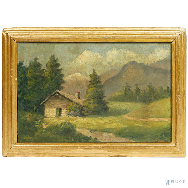 Paesaggio montano con baita, XX secolo, olio su cartone, cm 20x29,7, entro cornice