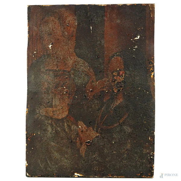 Figure,olio su tavola, cm 42x31,5, XX secolo, (difetti)