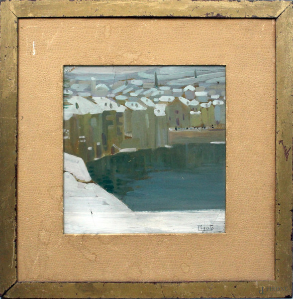 Orazio Pigato - Paesaggio innevato, olio su cartone, cm. 28x26, entro cornice.