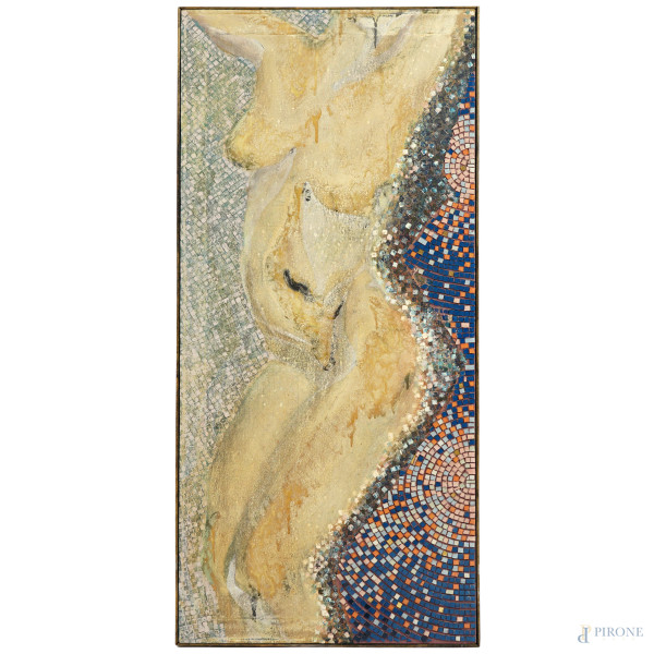 Nudo femminile, tecnica mista su tela, cm 50x110, XX secolo, entro cornice