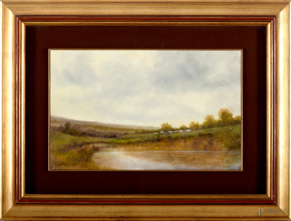 Paesaggio con gregge, acquerello su cartoncino, XX secolo, cm 24x39 entro cornice, firmato in basso a sinistra