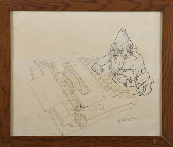 La macchina da scrivere, XX secolo, disegno a inchiostro su carta applicata su carta, cm 28x34, firmato in basso a destra, entro cornice, (segni di usura, foxing, tracce di umidità)